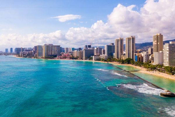 An aerial view of Waikiki Wall and Diamond Head in Honolulu, USA